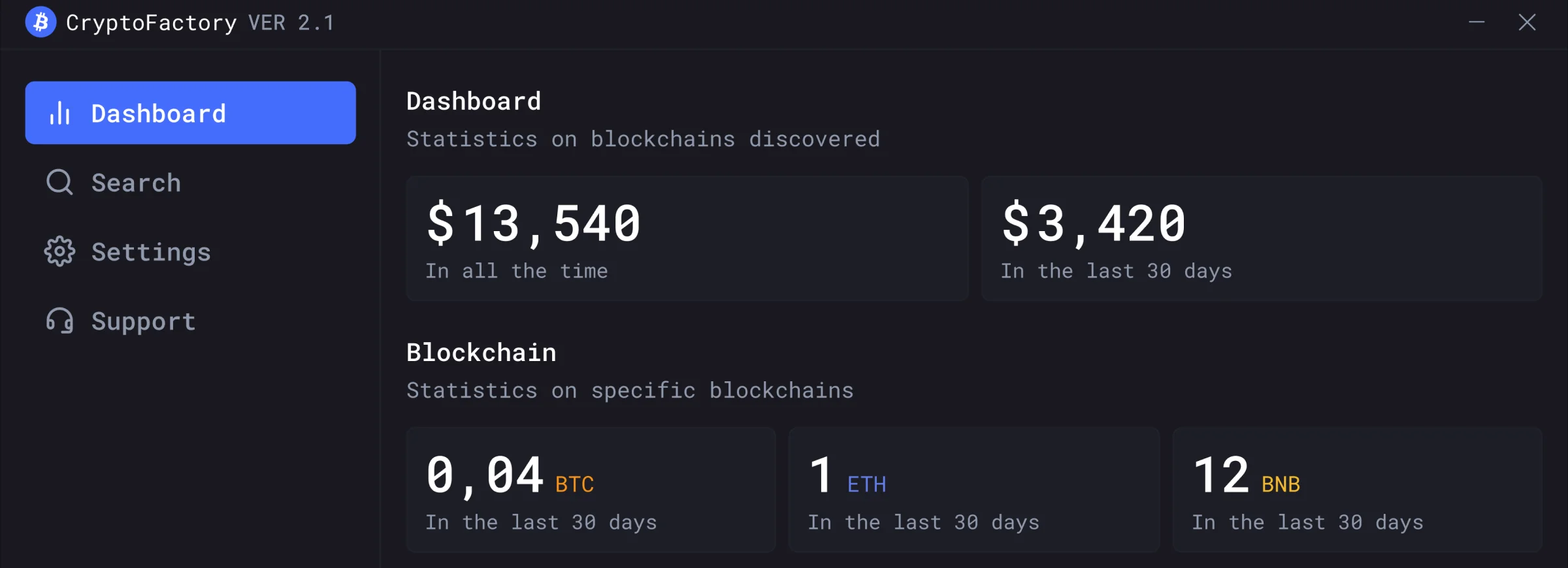 Crypto Factory Mining 2.1 Software Interface - Wallet Mining Dashboard